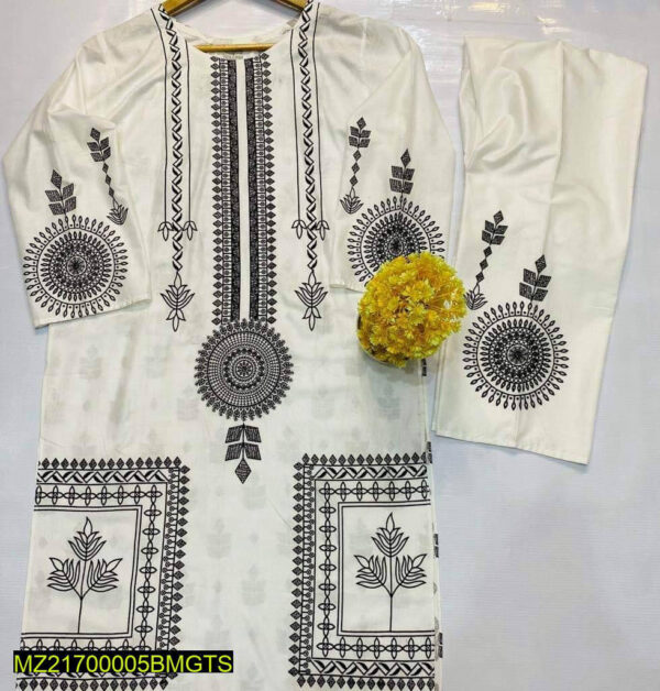 2 Pcs Women's Stitched Linen Block Printed Suit - Image 2
