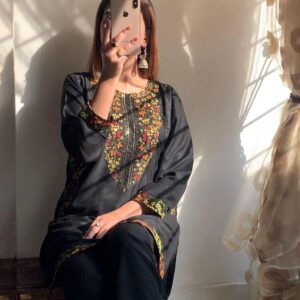 Product Name: 2 Pcs Women's Stitched Linen Sequins Embroidered Shirt And Trouser